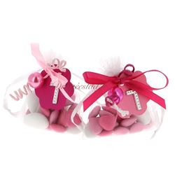 Sachet dragées communion fuchsia et rose croix