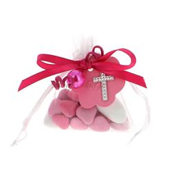 Sachet dragées communion fuchsia et rose croix